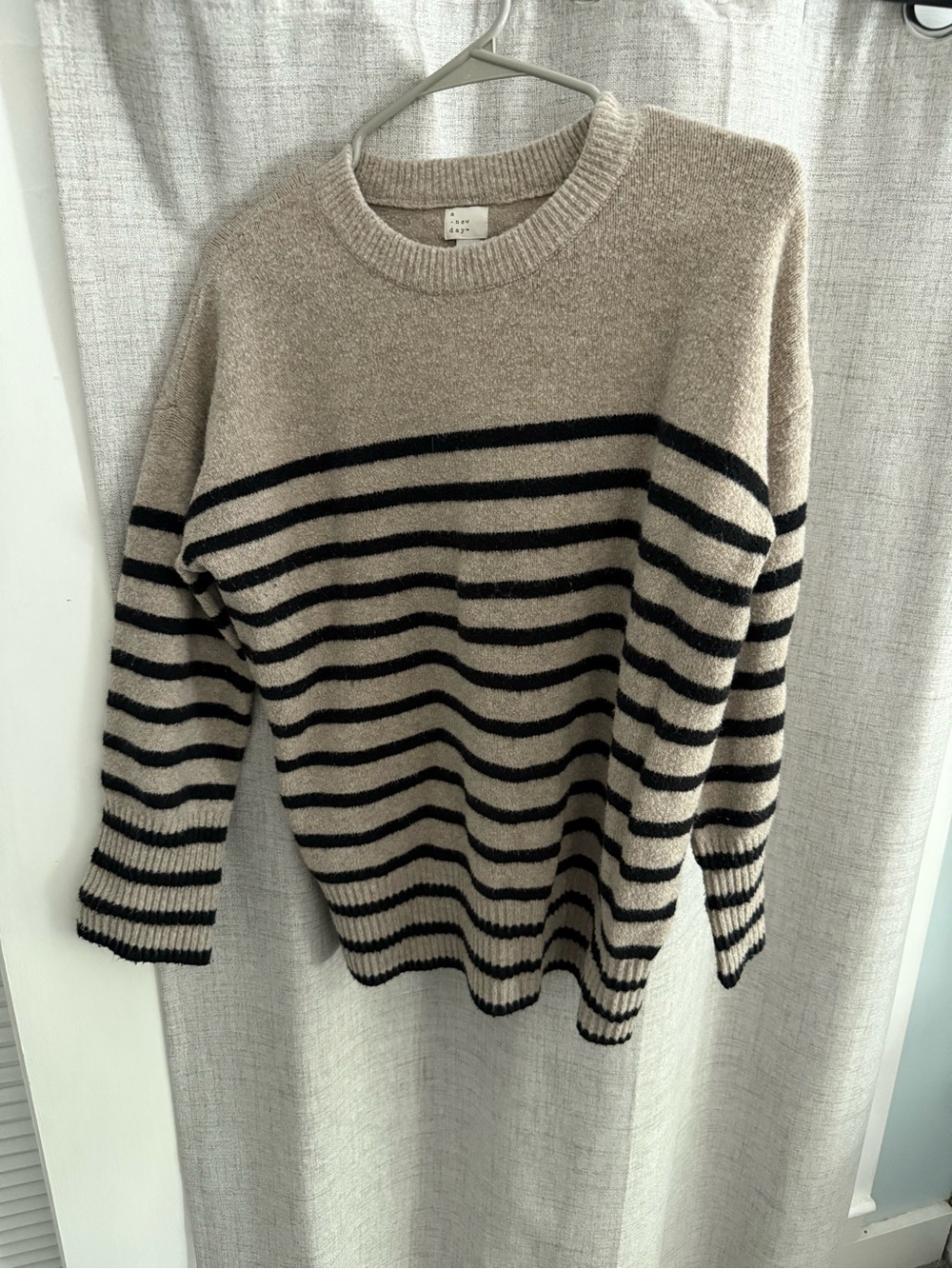 a new day Beige and Black Striped Crewneck Sweater